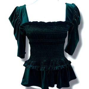 Amanda Uprichard Emerald Green Velvet Smocked Top - Sz Large